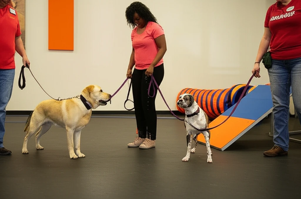 Adult dogs meeting during socialization session at Zoom Room
