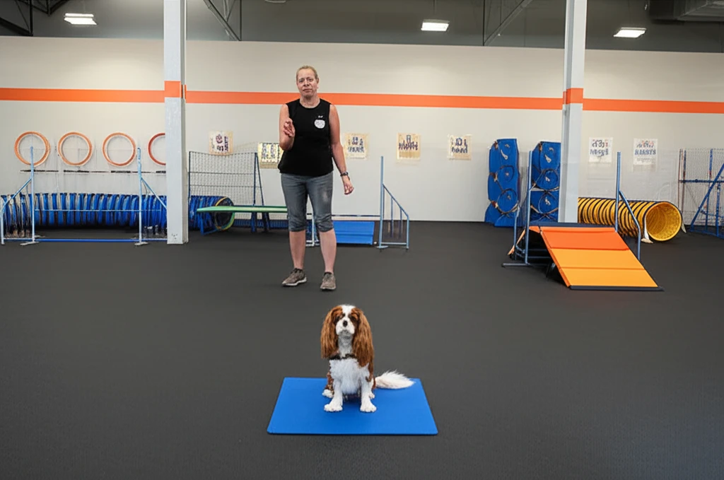 Small dog practicing calm sit-stay at Zoom Room indoor gym