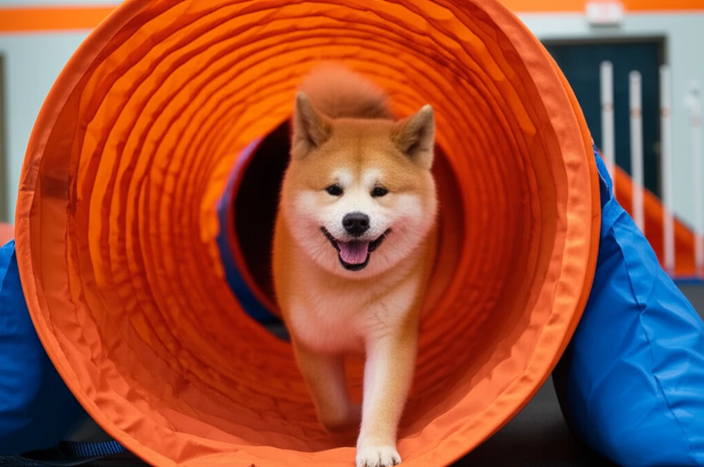 Akita running through agility tunnel at Zoom Room