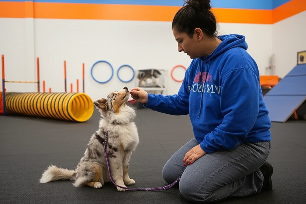Australian Shepherd practicing quiet behavior at Zoom Room