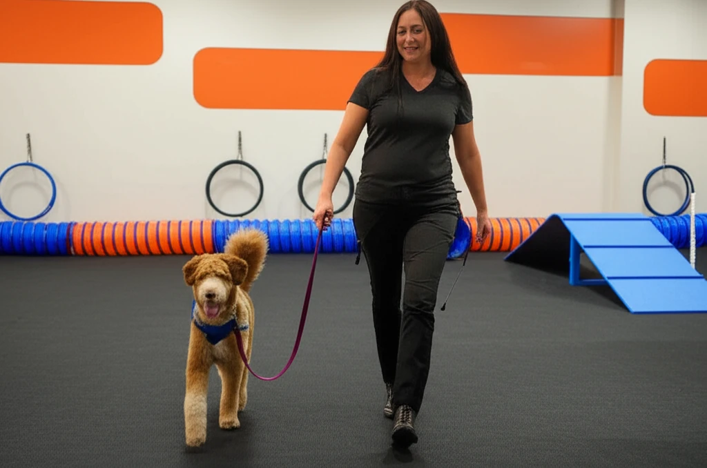 Aussiedoodle walking on loose leash with owner at Zoom Room