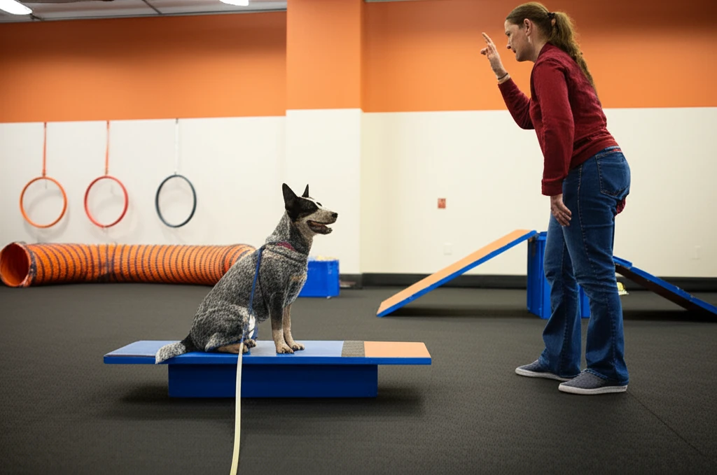 Australian Cattle Dog practicing obedience on training mat at Zoom Room