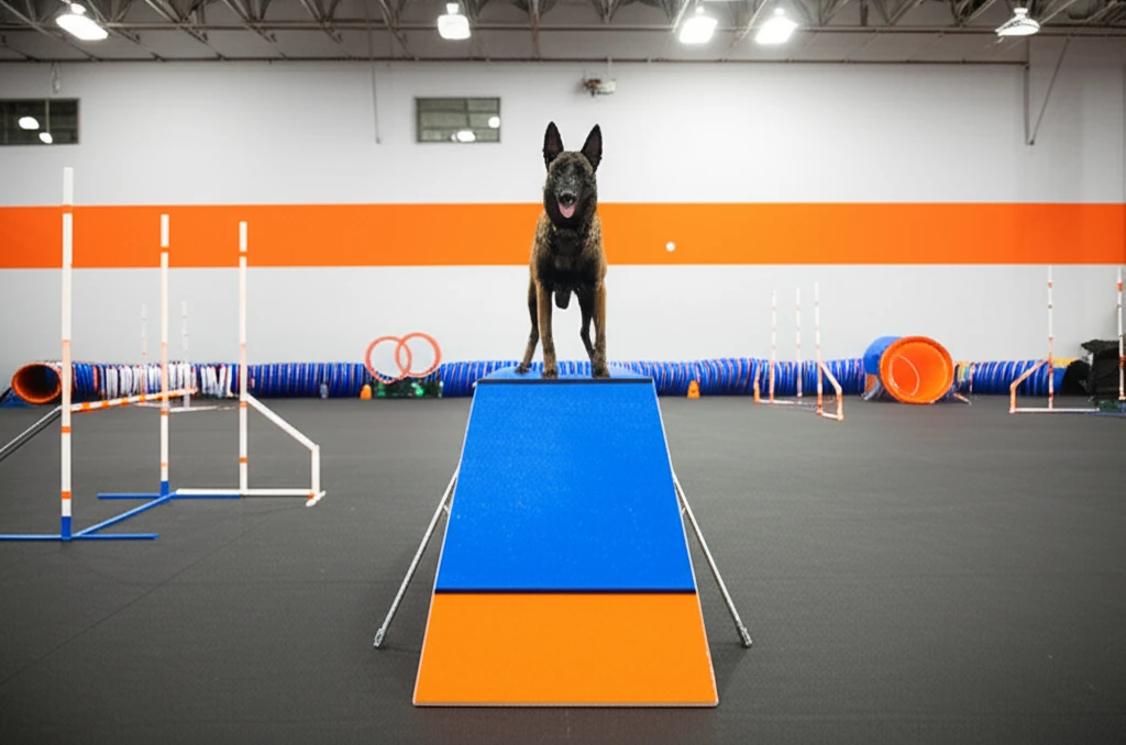 Belgian Malinois on agility pause table at Zoom Room