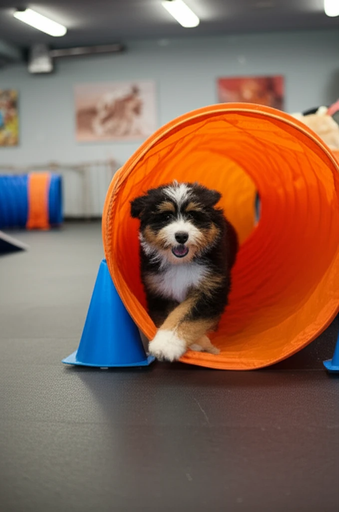 Bernedoodle running through agility tunnel at Zoom Room