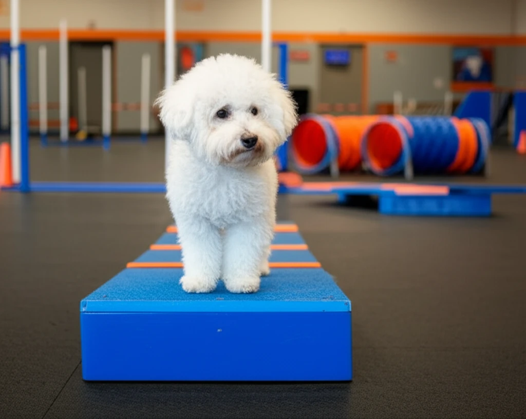 Bichon Frise on agility pause table at Zoom Room