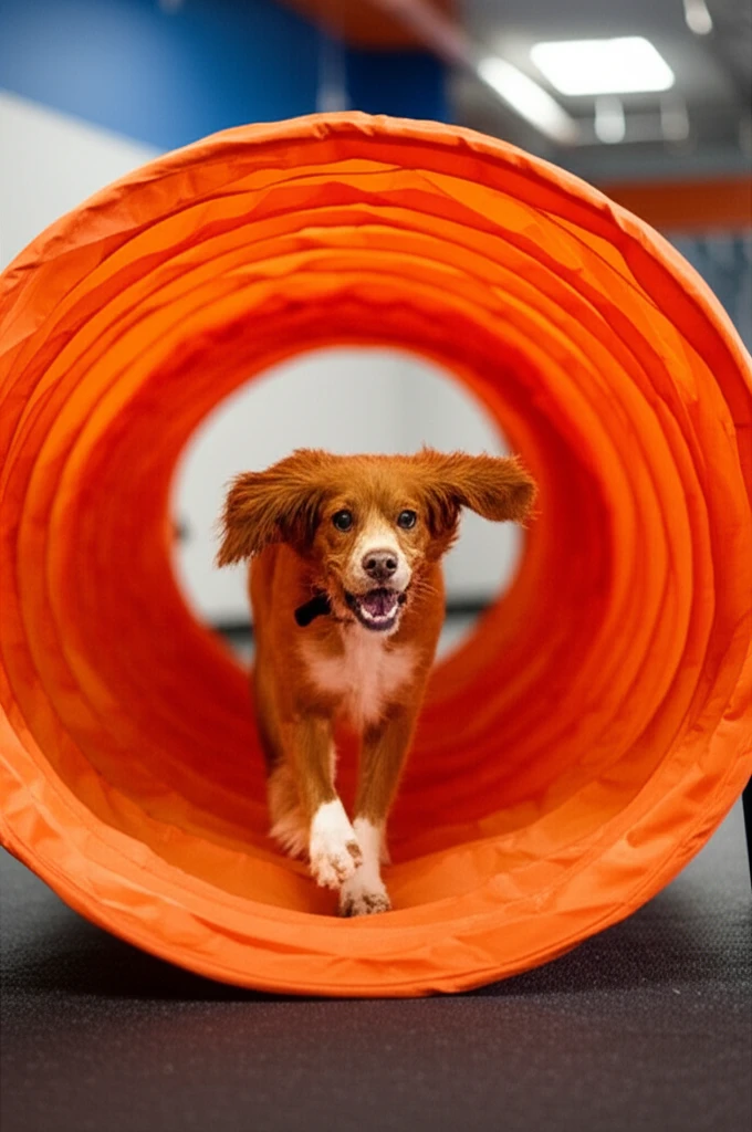 Brittany Spaniel running through agility tunnel at Zoom Room