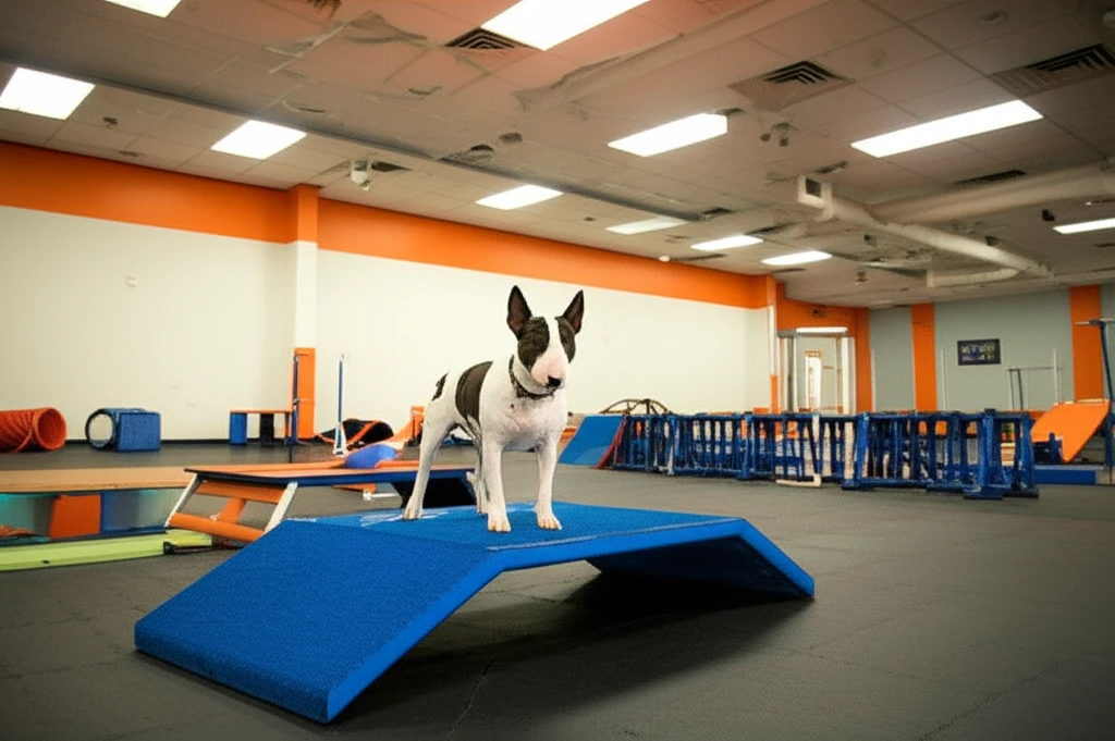 Bull Terrier on agility pause table at Zoom Room