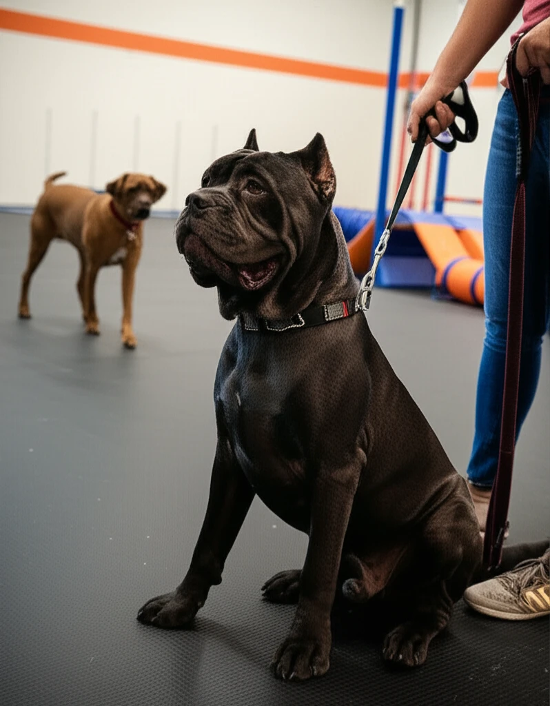 Cane Corso practicing focus during reactivity training at Zoom Room