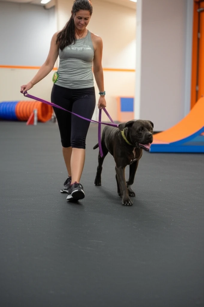 Cane Corso walking on loose leash with owner at Zoom Room