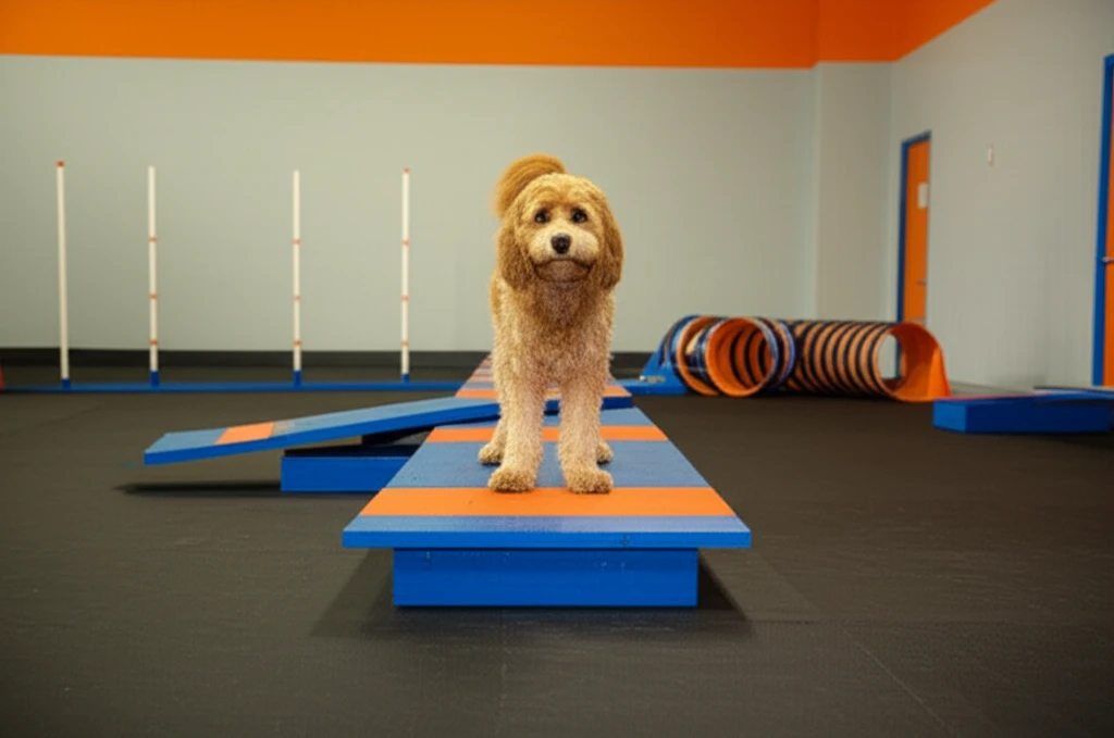 Cockapoo on agility pause table at Zoom Room