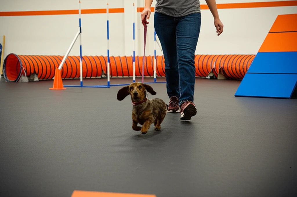 Dachshund practicing recall at Zoom Room training facility