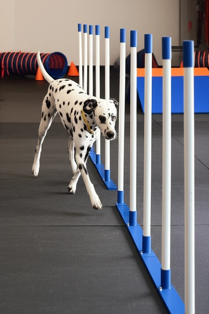 Dalmatian navigating agility weave poles at Zoom Room