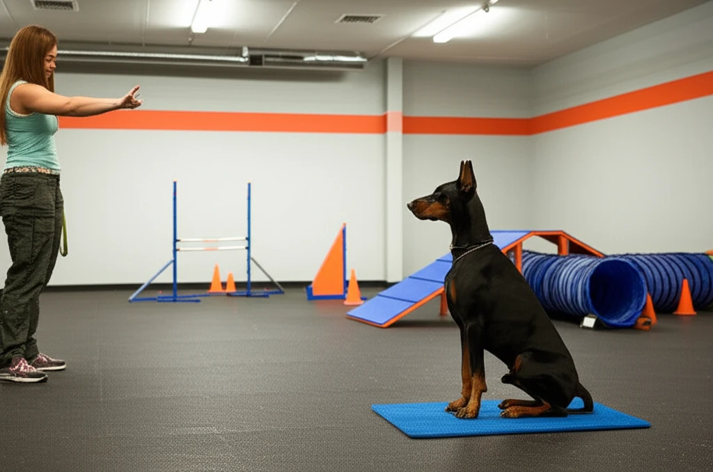 Doberman Pinscher practicing obedience on training mat at Zoom Room