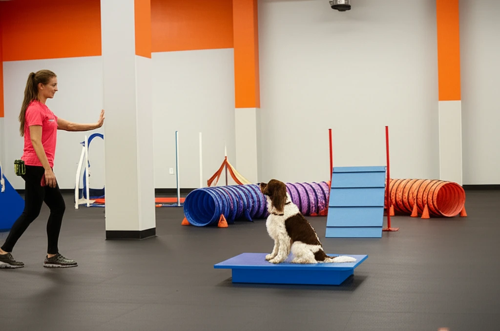 English Springer Spaniel practicing obedience on training mat at Zoom Room