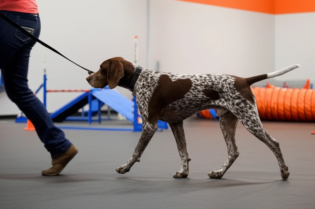 German Shorthaired Pointer walking on loose leash with owner at Zoom Room
