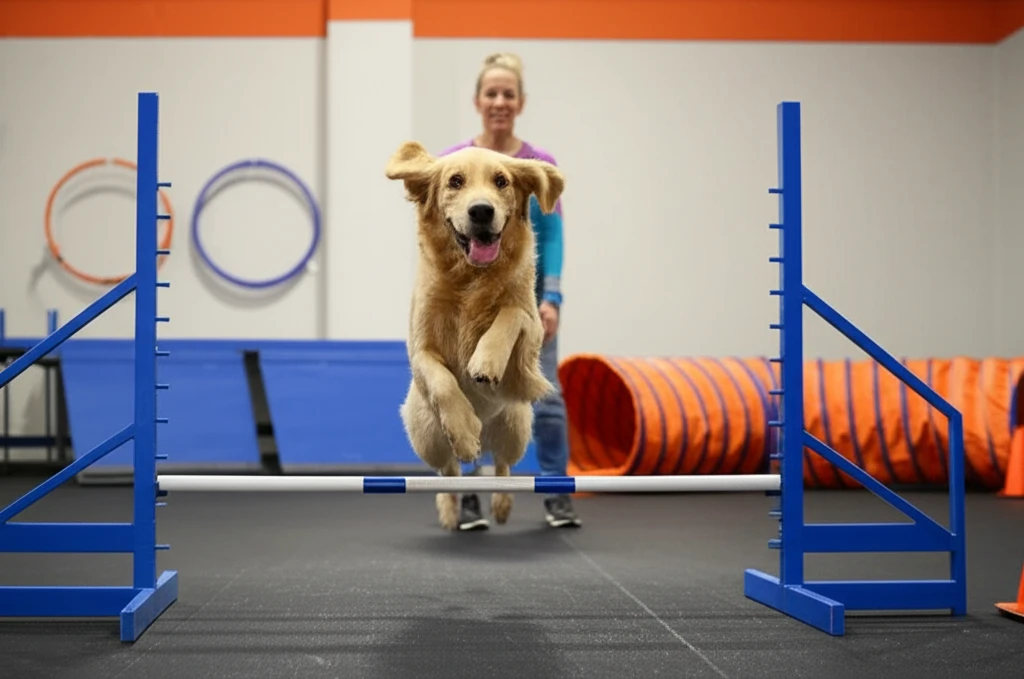 Golden Retriever navigating agility weave poles at Zoom Room