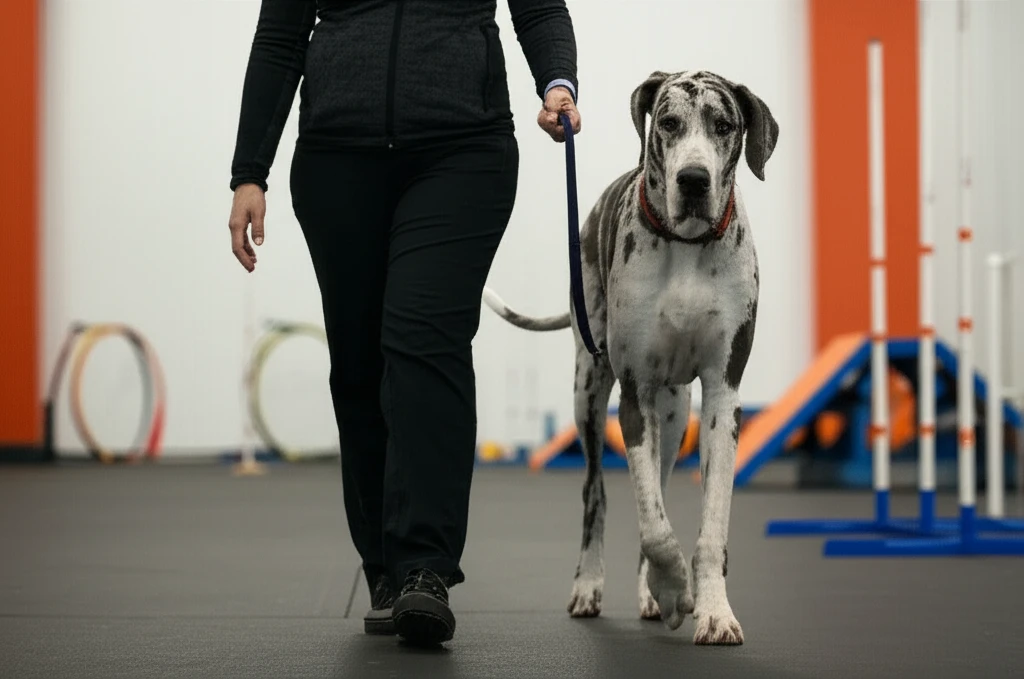 Great Dane learning loose leash walking at Zoom Room