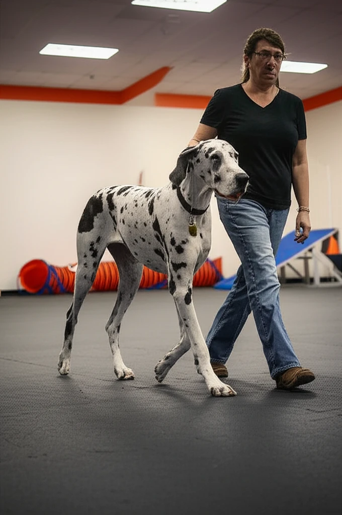 Great Dane walking on loose leash with owner at Zoom Room