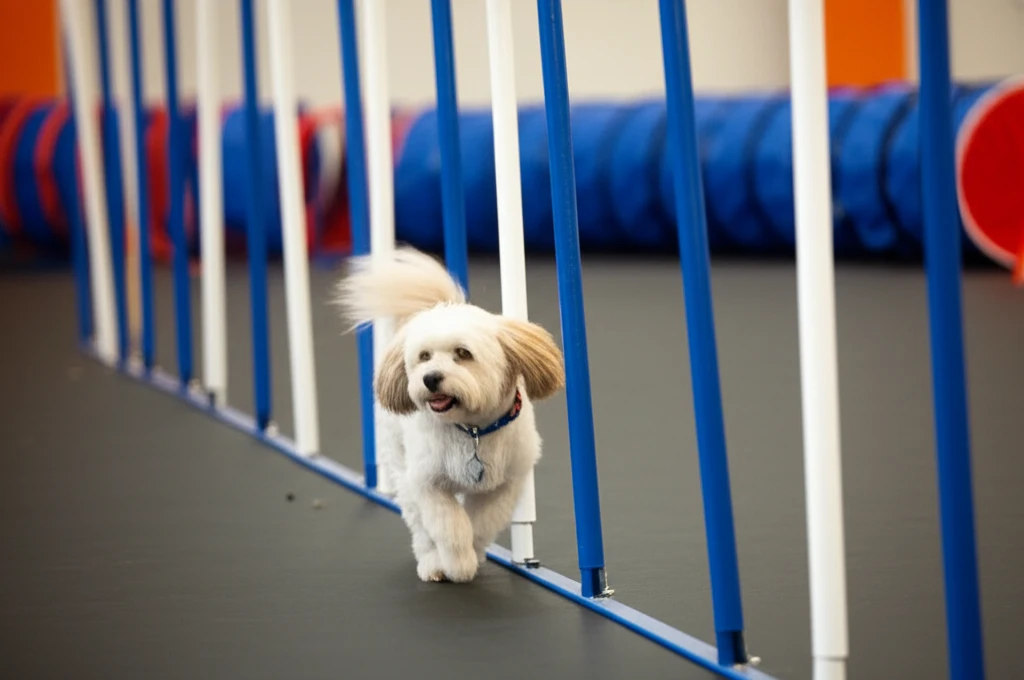 Havanese navigating agility weave poles at Zoom Room