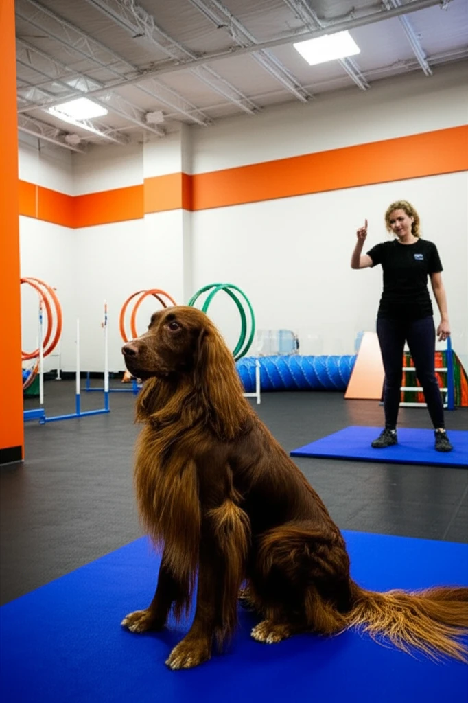 Irish Setter practicing obedience on training mat at Zoom Room