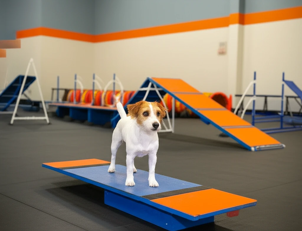 Jack Russell Terrier on agility pause table at Zoom Room