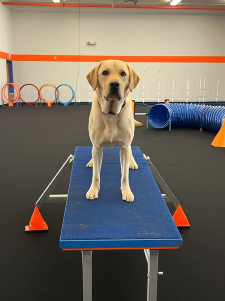Labrador Retriever on agility pause table at Zoom Room