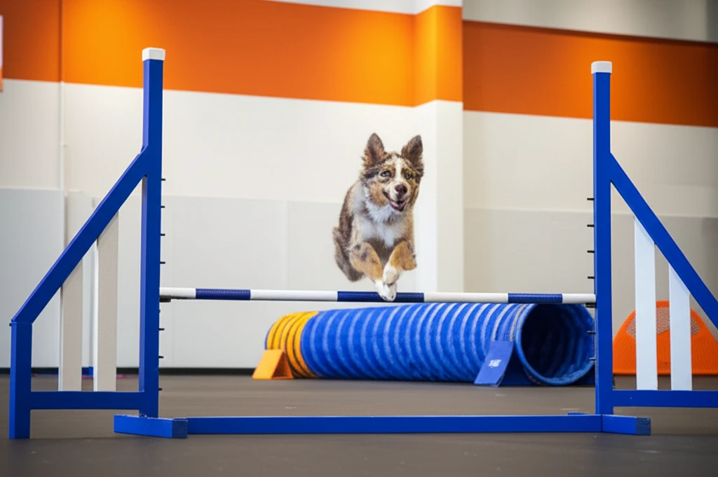 Miniature American Shepherd jumping over agility bar at Zoom Room