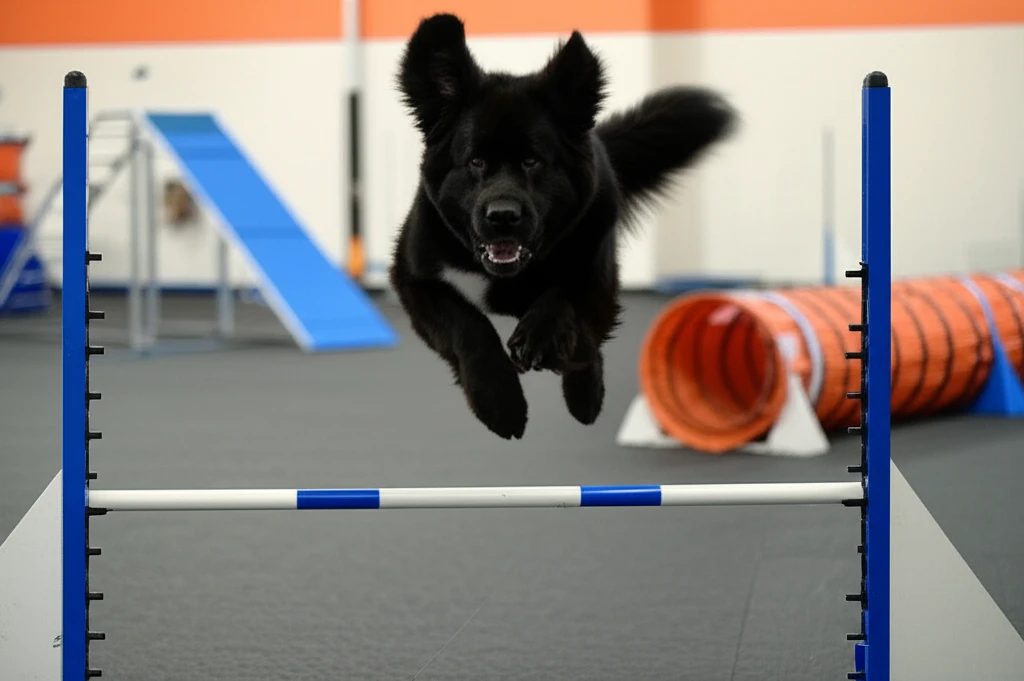 Newfoundland jumping over agility bar at Zoom Room