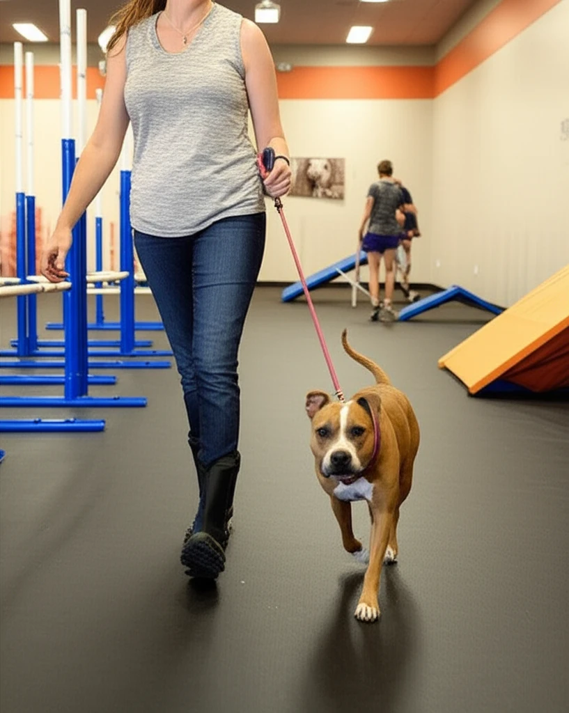 Pit Bull walking on loose leash with owner at Zoom Room