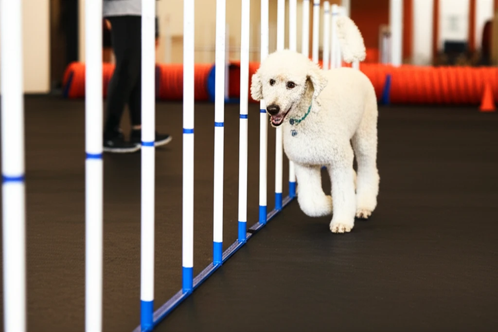 Standard Poodle navigating agility weave poles at Zoom Room