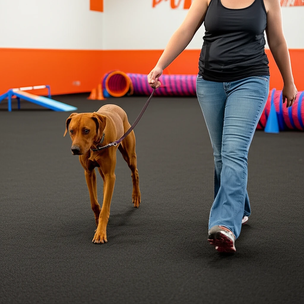Rhodesian Ridgeback walking on loose leash with owner at Zoom Room