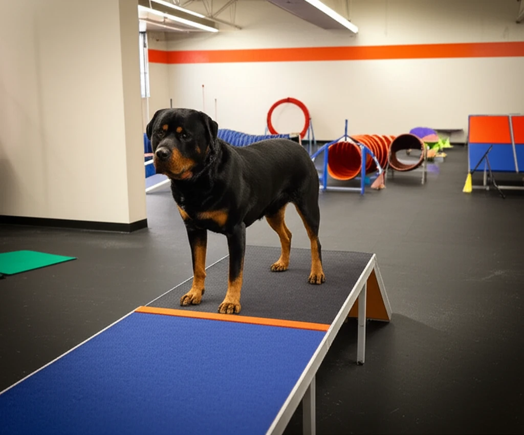 Rottweiler on agility pause table at Zoom Room