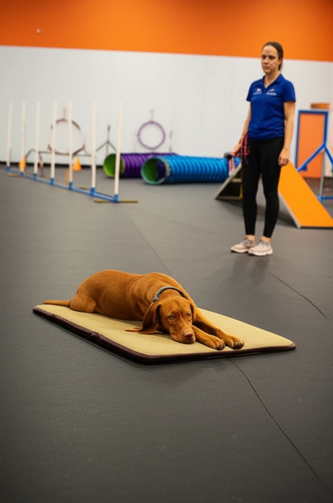 Vizsla practicing relaxed settle at Zoom Room training facility