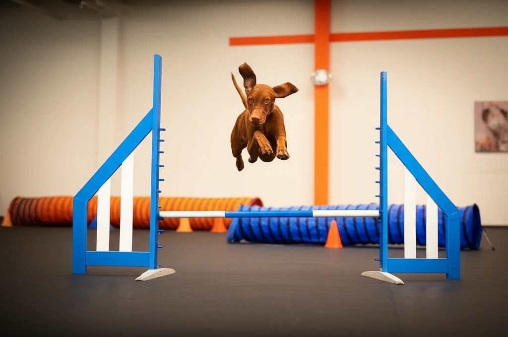 Vizsla jumping over agility bar at Zoom Room