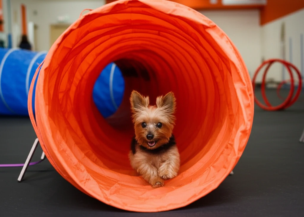 Yorkshire Terrier running through agility tunnel at Zoom Room