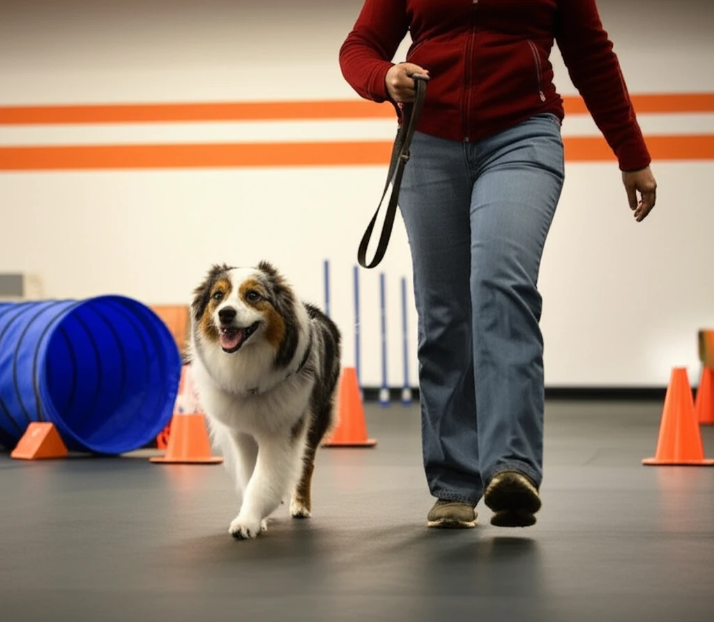 Dog practicing trail-ready skills at Zoom Room gym