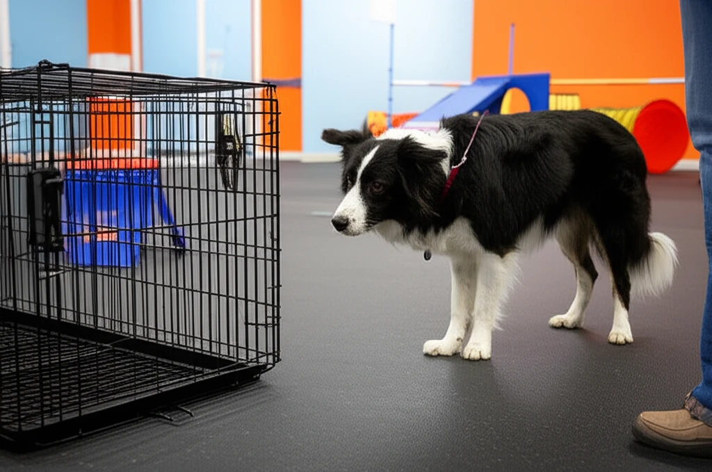 Dog building confidence with travel crate at Zoom Room