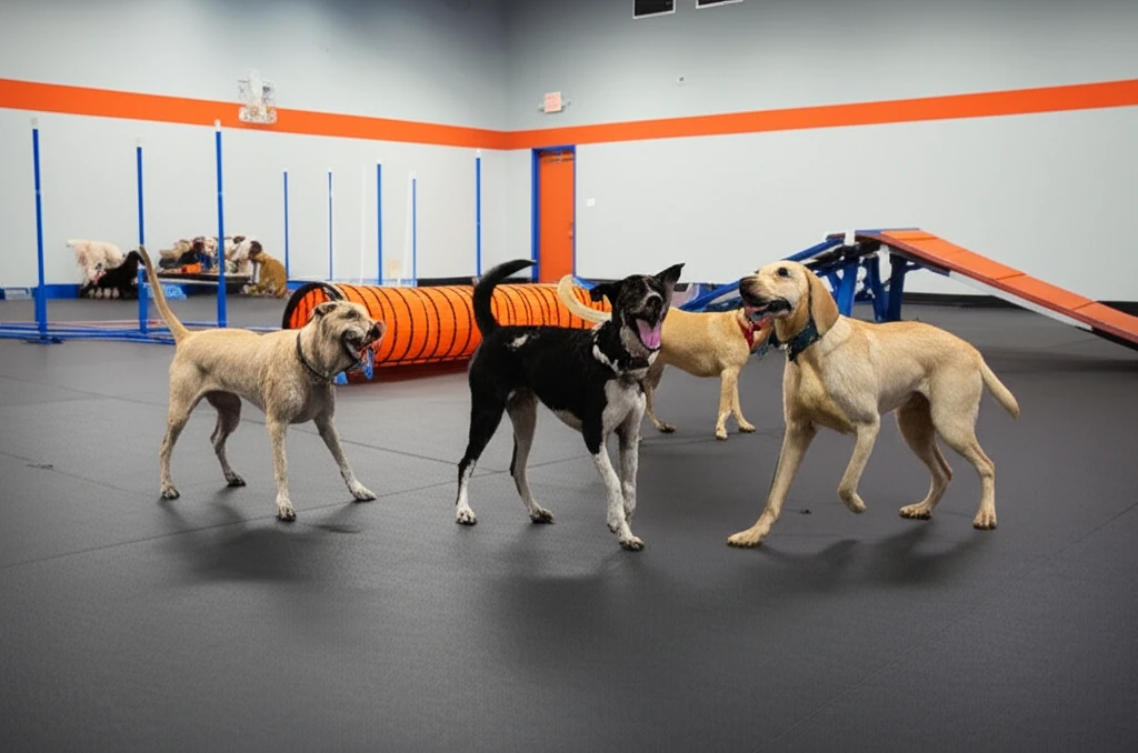 Dogs playing during group socialization at Zoom Room
