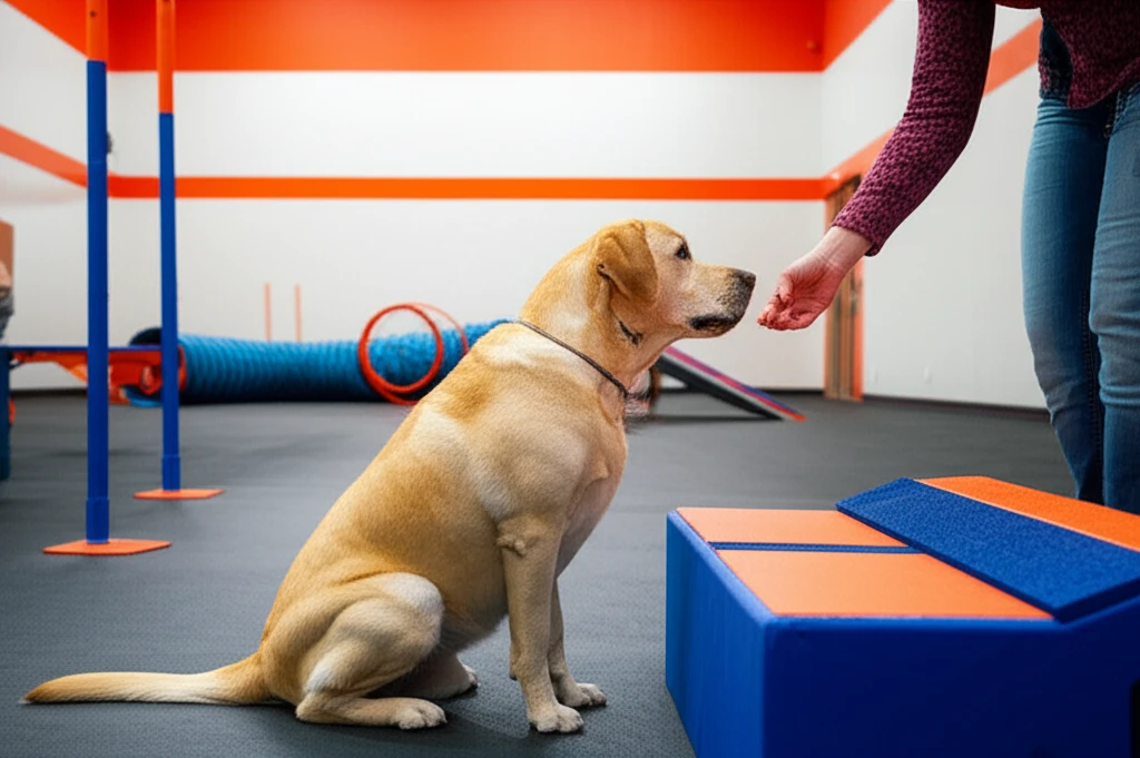 Dog practicing impulse control during training at Zoom Room