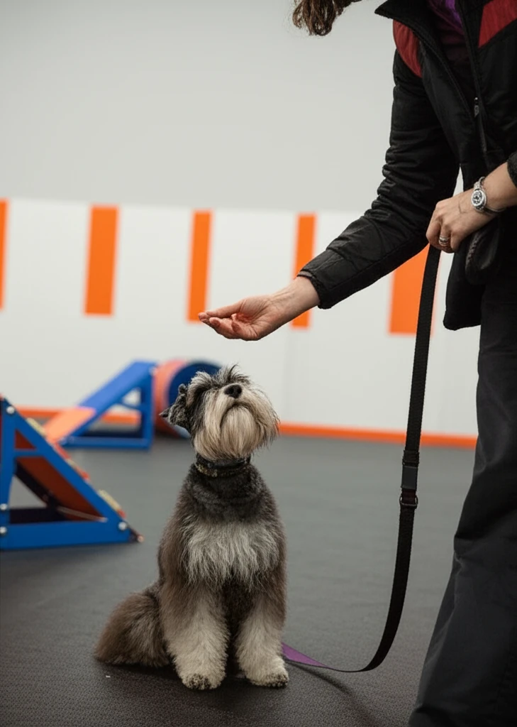 Dog practicing quiet behavior during training at Zoom Room