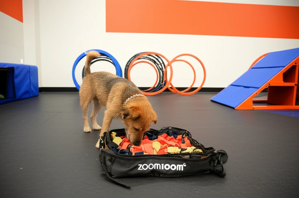 Dog doing enrichment activity during training class at Zoom Room