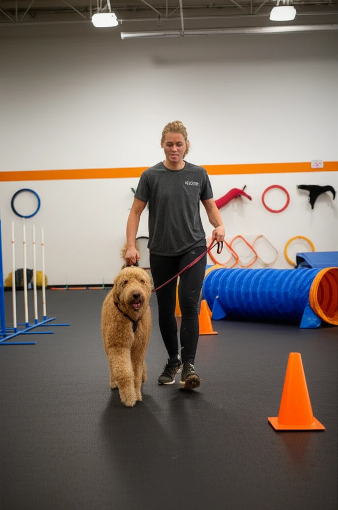 Dog practicing calm public behavior at Zoom Room