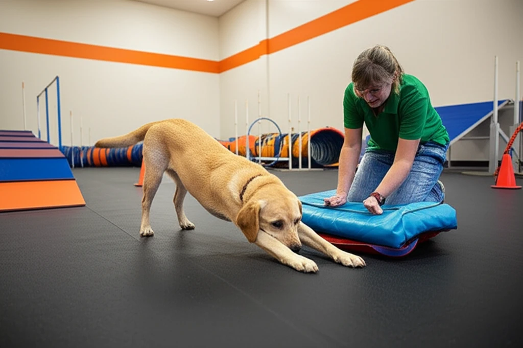 Dog and owner doing doga stretching at Zoom Room