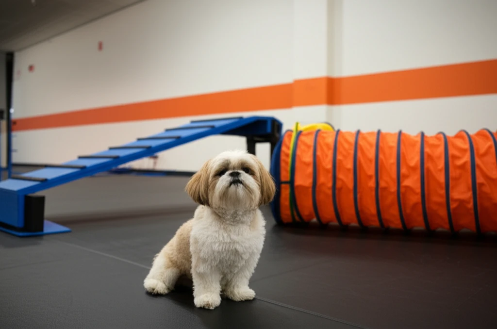 Small dog building confidence in enclosed spaces at Zoom Room