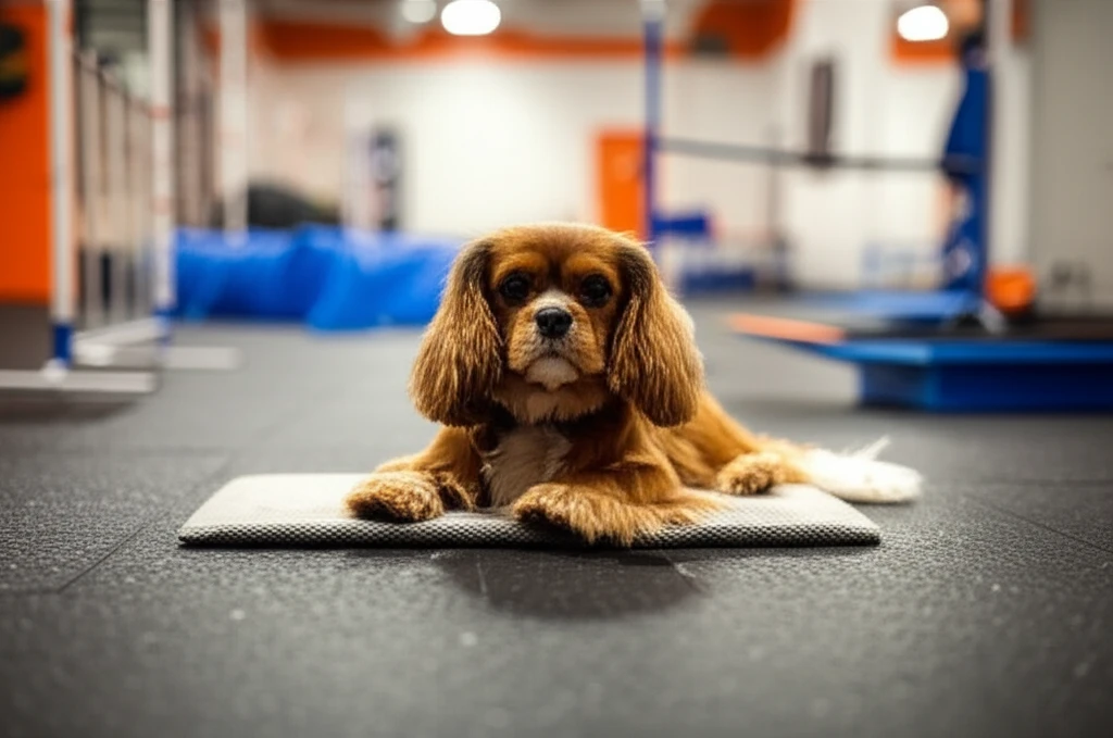 Dog practicing settle on mat at Zoom Room