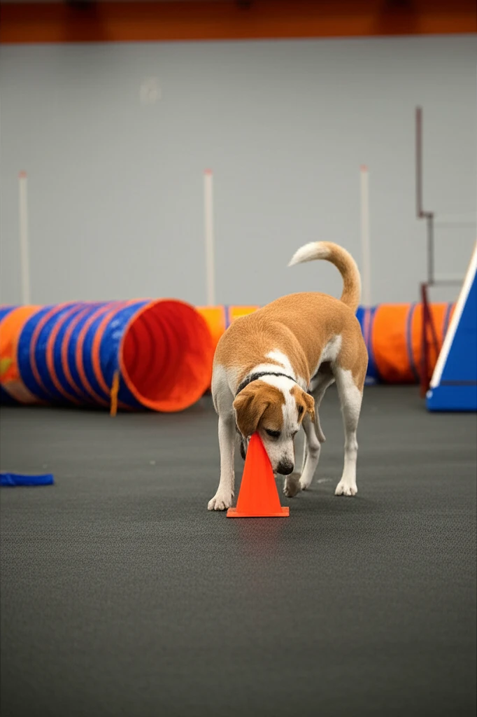 Dog building confidence in new environment at Zoom Room