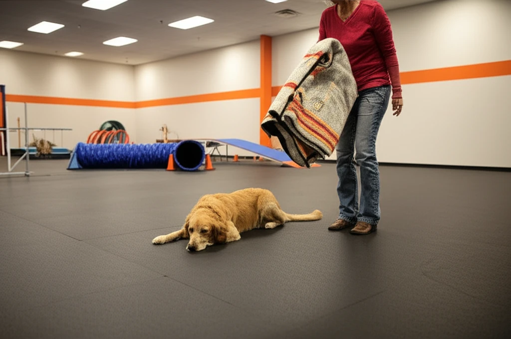 Dog practicing calm behavior around new items at Zoom Room