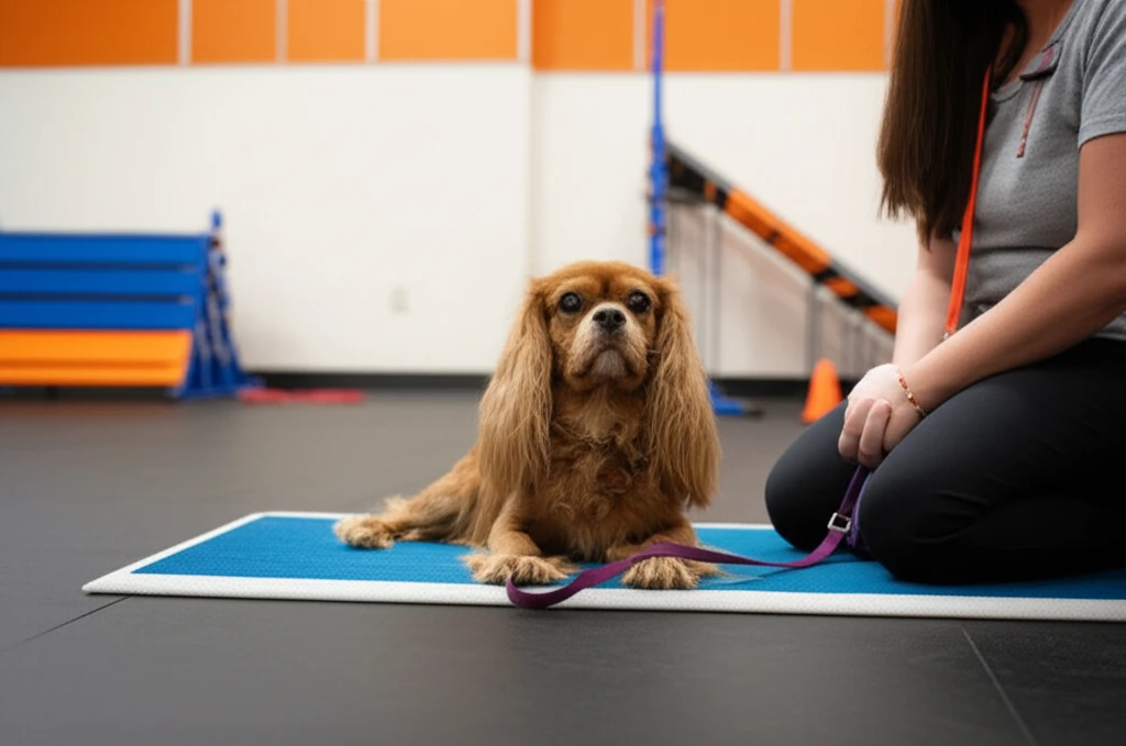 Dog practicing calm relaxation at Zoom Room training facility