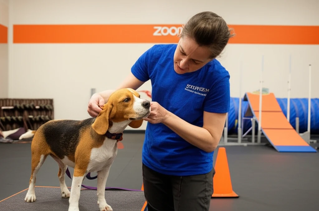 Dog practicing vet visit handling at Zoom Room